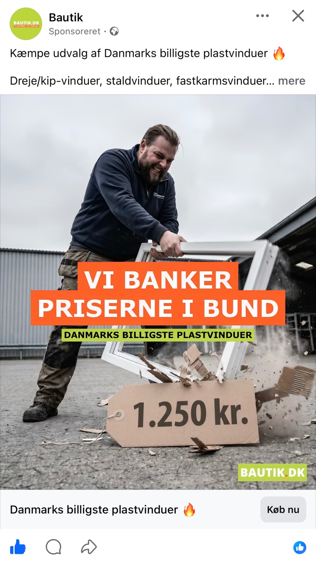 AI-genereret Meta-annonce: Danmarks billigste plastvinduer fra Bautik.dk